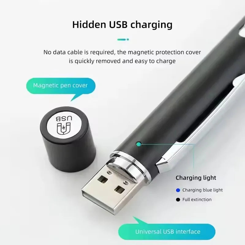 Htomaza Mini LED Penlight Flashlight – USB Rechargeable, Aluminum Alloy, Pocket Clip | Medical, Outdoor & EDC | Silver / Black