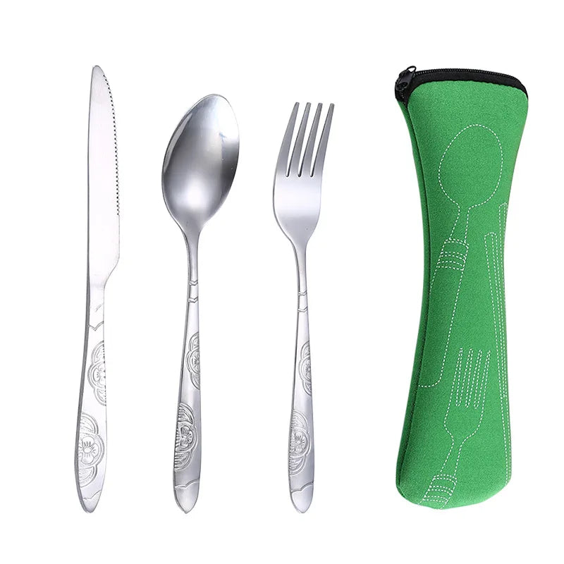 Stainless Steel Travel Cutlery Set – 3pcs Fork, Spoon & Knife with Zipper Pouch | Camping, Picnic & Outdoor