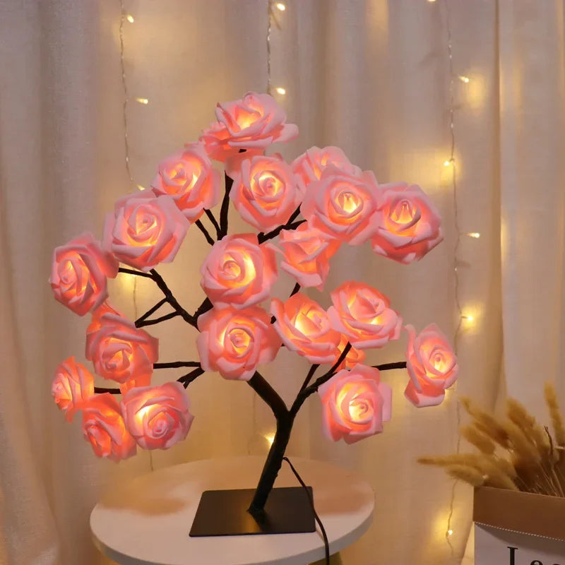 Heinast LED Rose Tree Night Light – 33cm USB-Powered, Warm White, Bendable Branches | Bedroom & Home Decor | Pink & Blue | 1pc / 2pcs