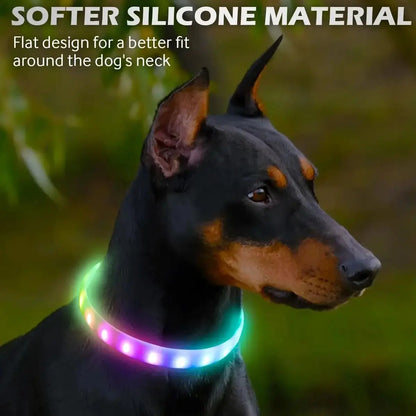 光るLED犬用首輪 — USB充電式、9つの点滅モード、調節可能なシリコン製