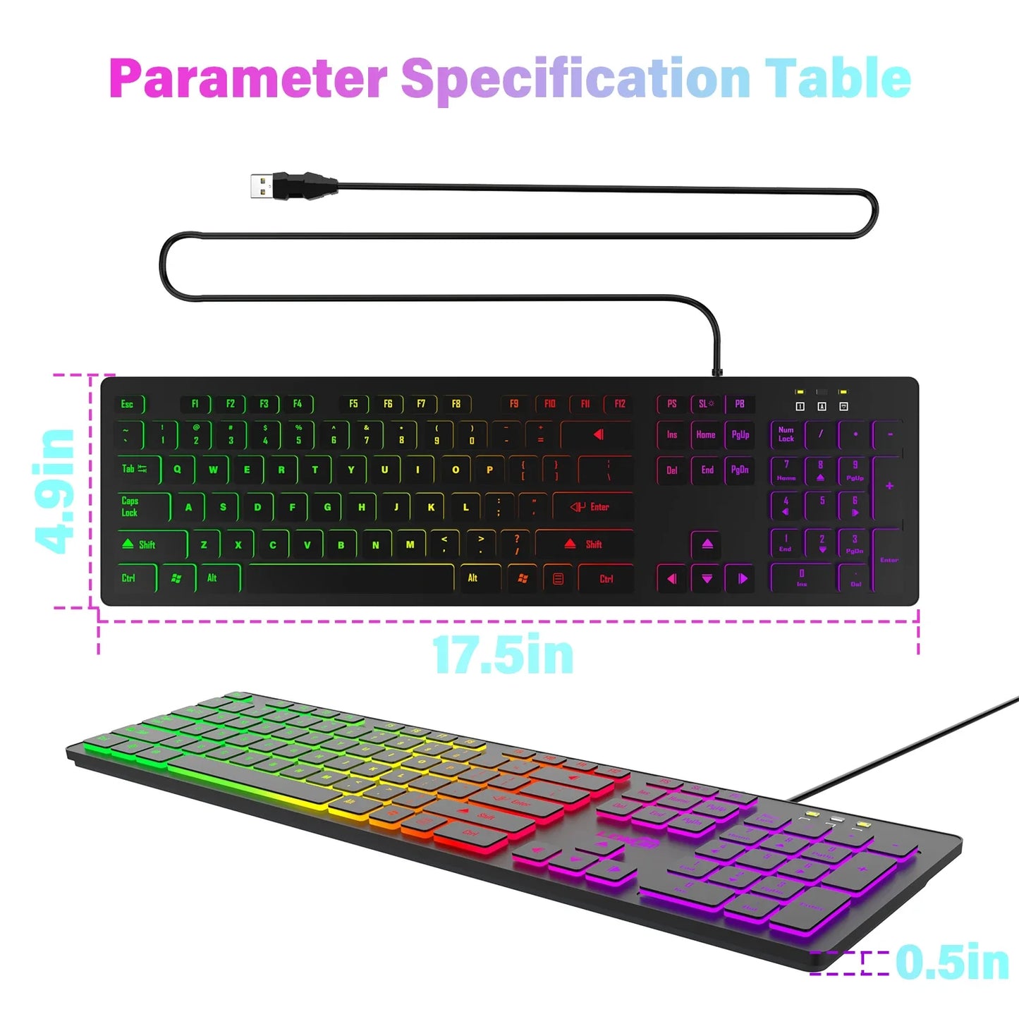 RGB 電競鍵盤 — 有線 USB，104 鍵，背光，防潑水，多語言