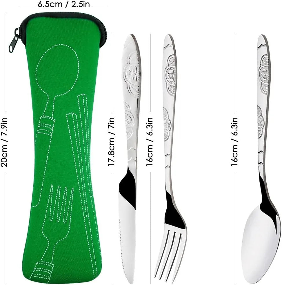 Stainless Steel Travel Cutlery Set – 3pcs Fork, Spoon & Knife with Zipper Pouch | Camping, Picnic & Outdoor