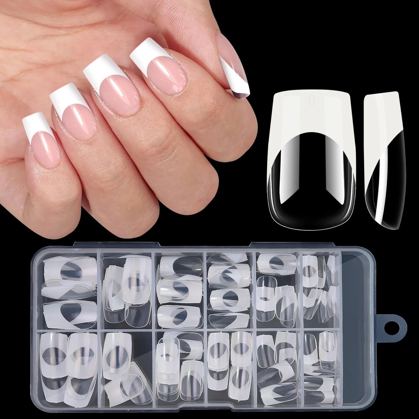 Misscheering Acrylic French Press-On Nails – 120pcs, Full Cover, Mixed Sizes | Square & Almond | White / Pink / Black / Orange