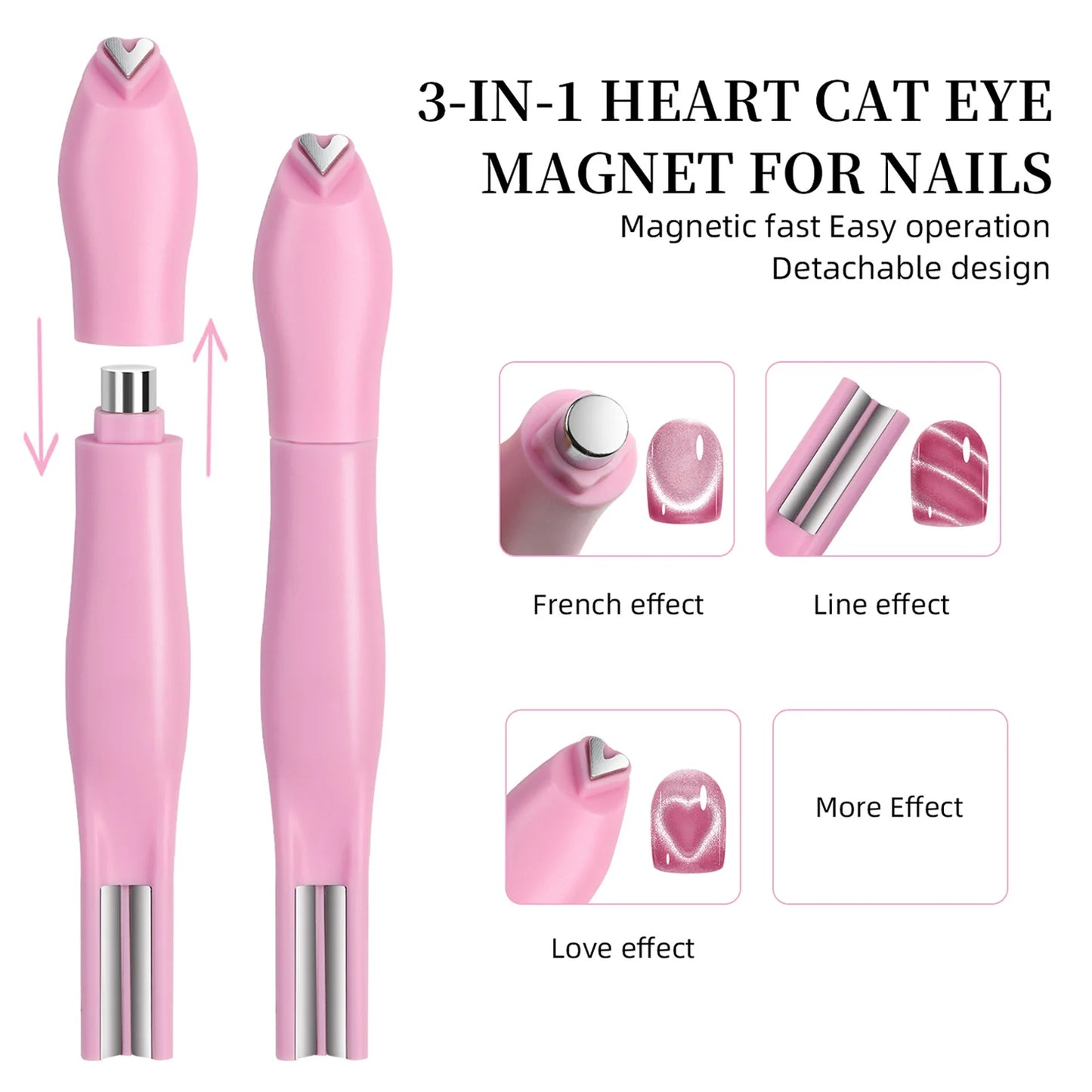 3-in-1 Cat Eye Nail Art Magnet Pen – Heart / Double Line / Moon & Snake Patterns | For Magnetic Gel Polish | Pink / Blue / Green