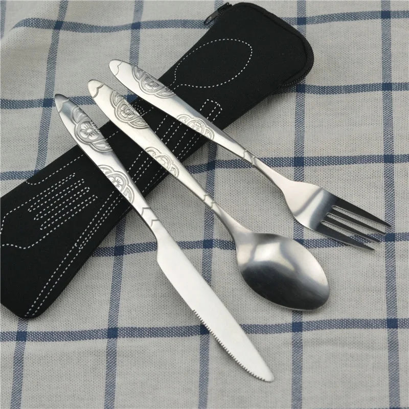 Stainless Steel Travel Cutlery Set – 3pcs Fork, Spoon & Knife with Zipper Pouch | Camping, Picnic & Outdoor