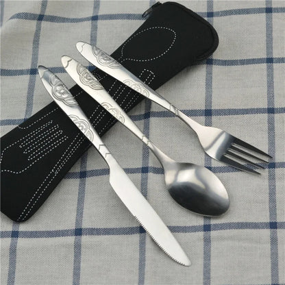 Stainless Steel Travel Cutlery Set – 3pcs Fork, Spoon & Knife with Zipper Pouch | Camping, Picnic & Outdoor