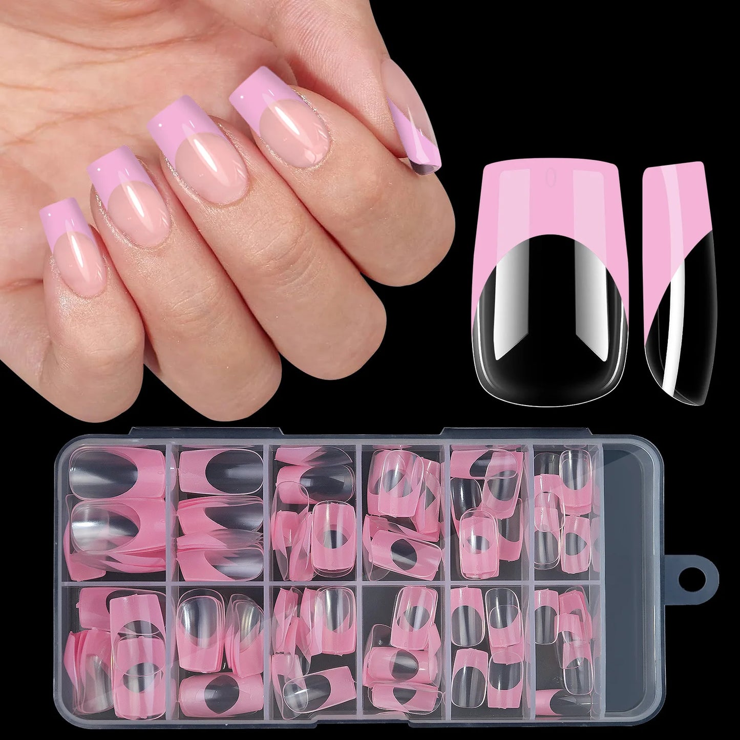 Misscheering Acrylic French Press-On Nails – 120pcs, Full Cover, Mixed Sizes | Square & Almond | White / Pink / Black / Orange