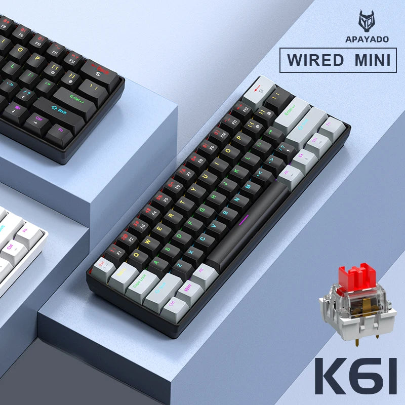 APAYADO K61 迷你機械鍵盤 — 60%，61 鍵，RGB，熱插拔，有線 USB-C