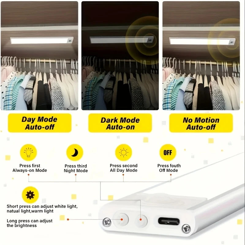 Rechargeable Magnetic LED Motion Sensor Light Bar – 20cm, 1500mAh, Stepless Dimming, USB-C | Under Cabinet & Closet Lighting