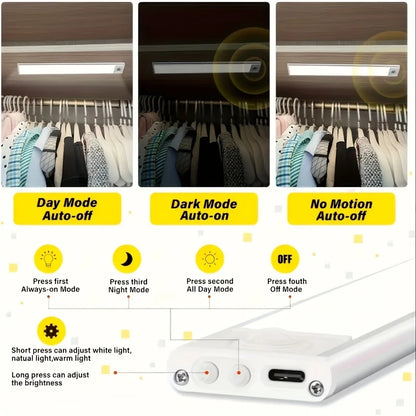 Rechargeable Magnetic LED Motion Sensor Light Bar – 20cm, 1500mAh, Stepless Dimming, USB-C | Under Cabinet & Closet Lighting