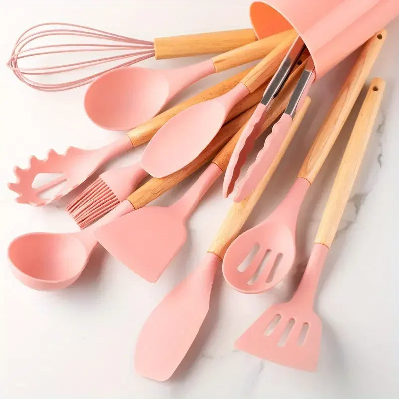 DUTRIEUX 12pcs Silicone Kitchen Utensil Set – Wooden Handle, Non-Stick, Heat-Resistant | White, Black, Gray, Pink, Green