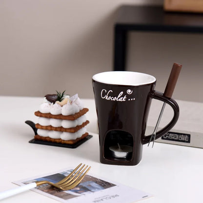 Ceramic Chocolate Fondue Mug with Fork – 130ml Tea Light Warmer for Chocolate, Cheese & Butter | Black, White, Red