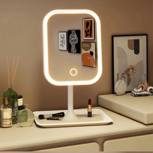 LED Vanity Makeup Mirror – 3-Color LED Lighting, Touch Control, Desktop | Bedroom Dressing Mirror | White & Pink