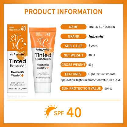 lakerain SPF40 Tinted Sunscreen with Vitamin C – Moisturizing, UV Protection, Even Skin Tone | 40ml | All Skin Types