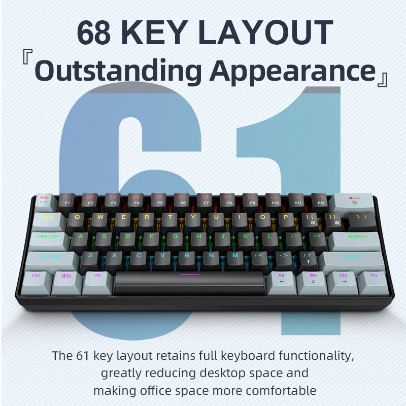 APAYADO K61 迷你機械鍵盤 — 60%，61 鍵，RGB，熱插拔，有線 USB-C