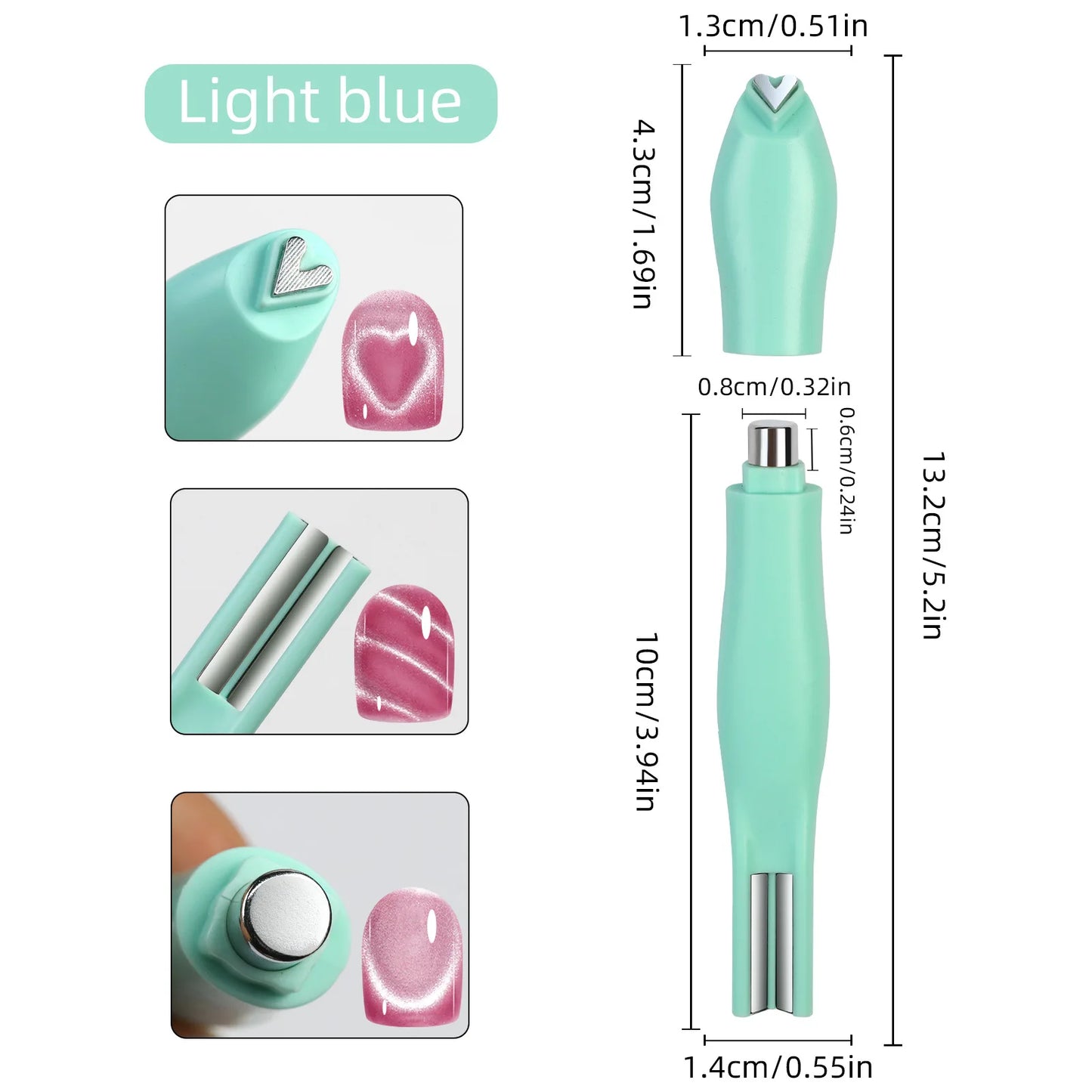 3-in-1 Cat Eye Nail Art Magnet Pen – Heart / Double Line / Moon & Snake Patterns | For Magnetic Gel Polish | Pink / Blue / Green