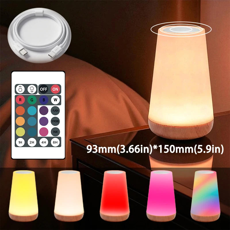 Smart RGB Bedside Night Lamp – 13 Colors, 5 Brightness, Touch & Remote Control, USB Rechargeable | 10hr Battery Life