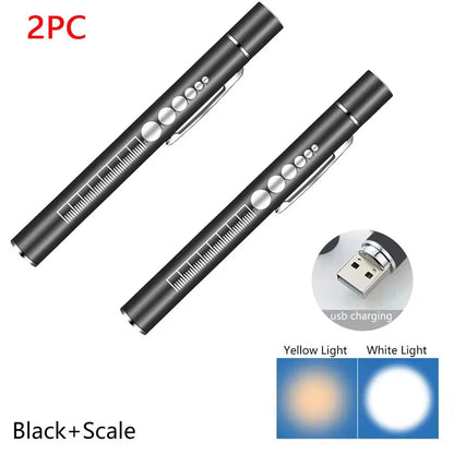 Htomaza Mini LED Penlight Flashlight – USB Rechargeable, Aluminum Alloy, Pocket Clip | Medical, Outdoor & EDC | Silver / Black