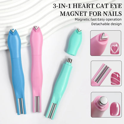 3-in-1 Cat Eye Nail Art Magnet Pen – Heart / Double Line / Moon & Snake Patterns | For Magnetic Gel Polish | Pink / Blue / Green