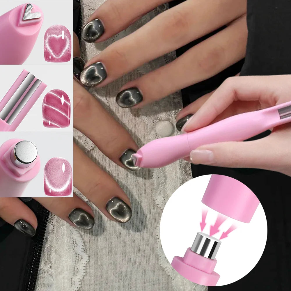 3-in-1 Cat Eye Nail Art Magnet Pen – Heart / Double Line / Moon & Snake Patterns | For Magnetic Gel Polish | Pink / Blue / Green