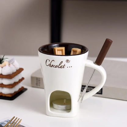 Ceramic Chocolate Fondue Mug with Fork – 130ml Tea Light Warmer for Chocolate, Cheese & Butter | Black, White, Red