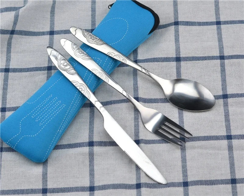 Stainless Steel Travel Cutlery Set – 3pcs Fork, Spoon & Knife with Zipper Pouch | Camping, Picnic & Outdoor