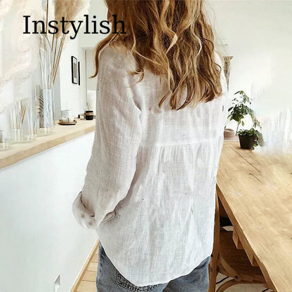 Cotton Linen Casual Shirt – Women Long Sleeve