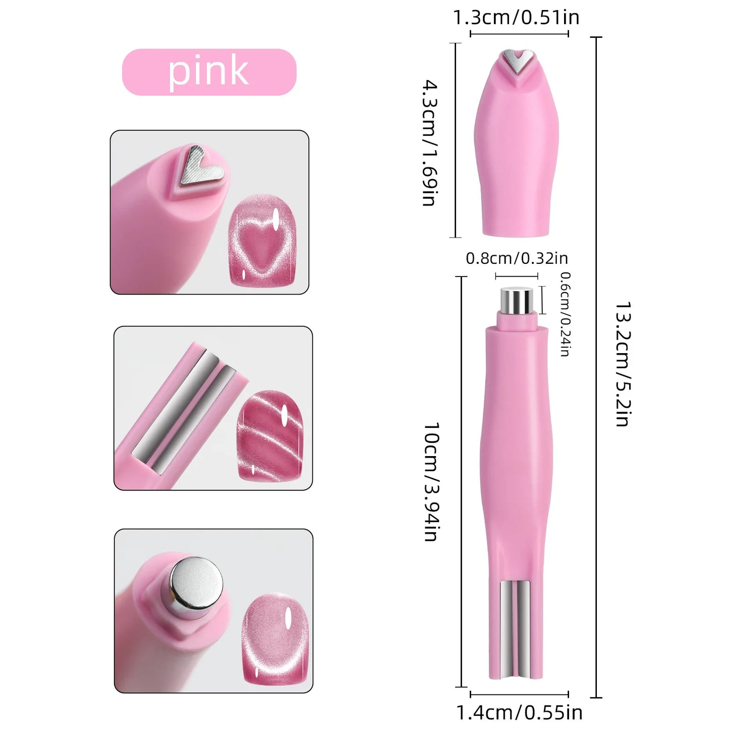 3-in-1 Cat Eye Nail Art Magnet Pen – Heart / Double Line / Moon & Snake Patterns | For Magnetic Gel Polish | Pink / Blue / Green