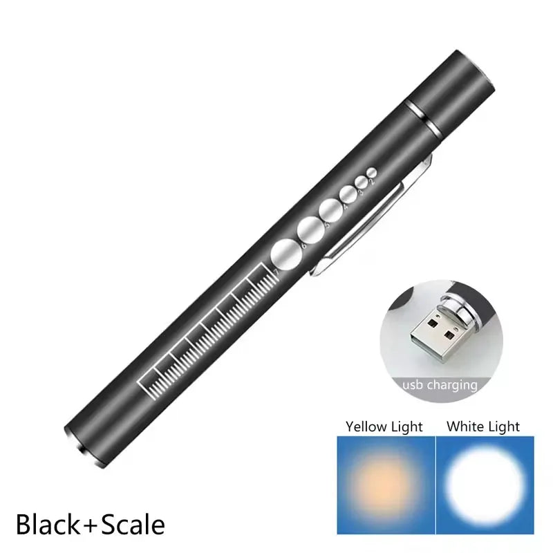 Htomaza Mini LED Penlight Flashlight – USB Rechargeable, Aluminum Alloy, Pocket Clip | Medical, Outdoor & EDC | Silver / Black
