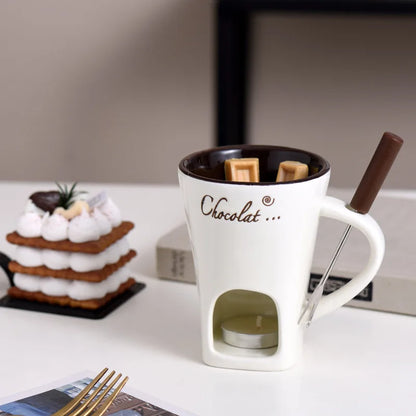 Ceramic Chocolate Fondue Mug with Fork – 130ml Tea Light Warmer for Chocolate, Cheese & Butter | Black, White, Red