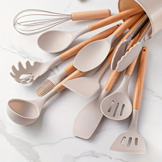 DUTRIEUX 12pcs Silicone Kitchen Utensil Set – Wooden Handle, Non-Stick, Heat-Resistant | White, Black, Gray, Pink, Green