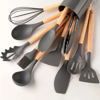 DUTRIEUX 12pcs Silicone Kitchen Utensil Set – Wooden Handle, Non-Stick, Heat-Resistant | White, Black, Gray, Pink, Green