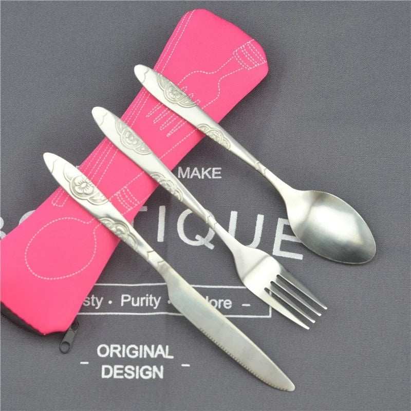 Stainless Steel Travel Cutlery Set – 3pcs Fork, Spoon & Knife with Zipper Pouch | Camping, Picnic & Outdoor